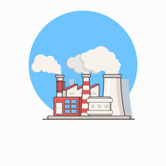 Vector illustration of an industrial factory with smoking chimneys releasing emissions. Ideal for topics related to industrial pollution or climate change. Suitable for infographics, or educational