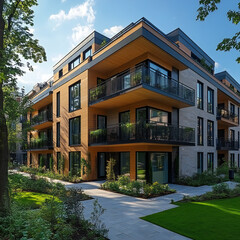 Modern residential building with spacious balconies and green spaces