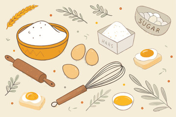 Create a seamless vector pattern featuring various baking ingredients, prominently showcasing flour, sugar, eggs, and vanilla, in a vibrant and appetizing style.