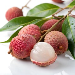 close up shot fresh lychee with leaves white background