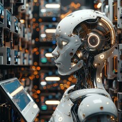 Fototapeta premium Futuristic robot in a server room