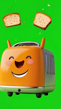 Happy Orange Toaster with Toasted Bread on Green Background