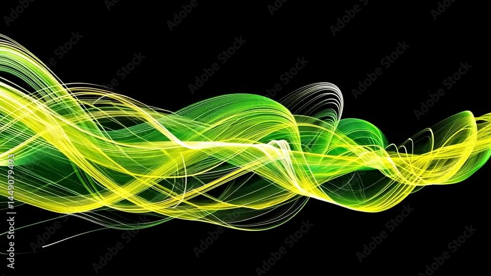 Poster vibrant abstract light trails dynamic green and yellow wave patterns evoking energy and movement in 