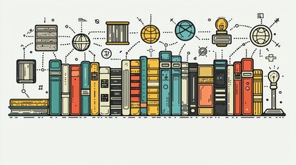 Global Network of Knowledge: A Visual Representation of interconnected Books, Ideas, and Information.