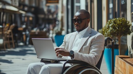 Businessman using a laptop while sitting in a wheelchair in a modern public space