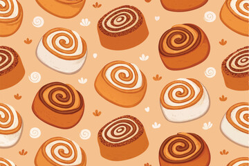 Create a vibrant seamless vector pattern featuring delicious, realistically rendered cinnamon rolls in a bold, eye-catching style.  Include rich, warm colors and detailed textures.