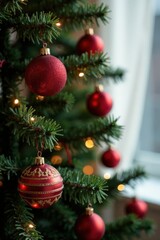 Decorated Christmas tree with ornaments and lights, joyful, cozy, festive atmosphere