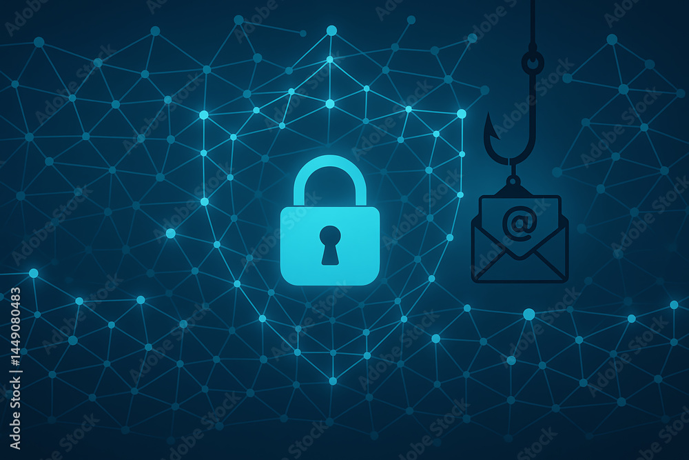 Poster a digital illustration representing cybersecurity, featuring a padlock symbolizing protection and a 
