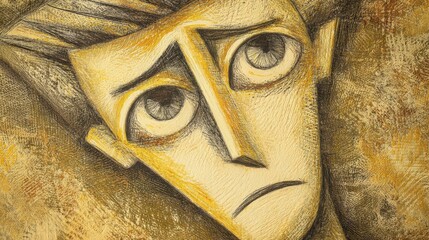 An expressive, abstract illustration of a human face with a sorrowful expression, featuring exaggerated, angular lines and large, round eyes. The dominant color palette incorporates shades of yellow a