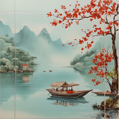 Seamless patterns of Chinese and Japanese traditional tile designs with elegant illustrations