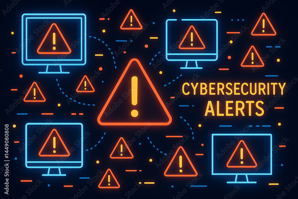 Poster visual representation of cybersecurity alerts featuring warning signs, computers, and digital connec