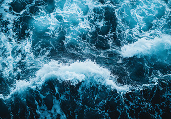Fototapeta premium Blue water texture, top view, photorealistic, capturing the energy of ocean waves in motion.