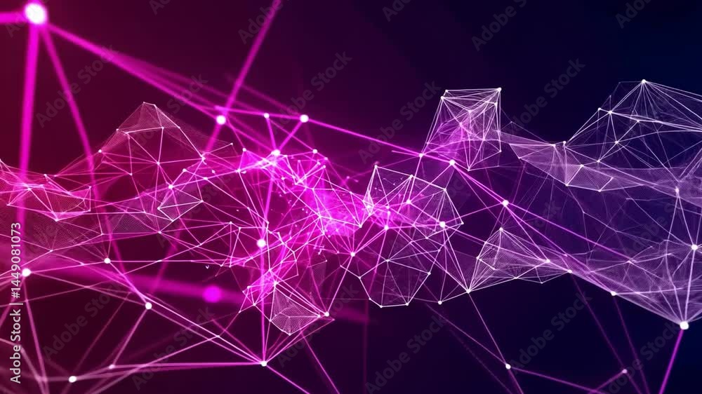 Poster vibrant abstract background of interconnected lines and nodes in pink and purple dynamic network sho