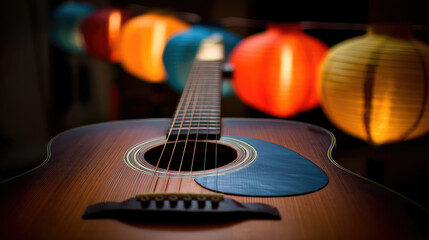 Fototapeta premium Acoustic guitar, warm tones, soft light. Colorful lanterns in the background