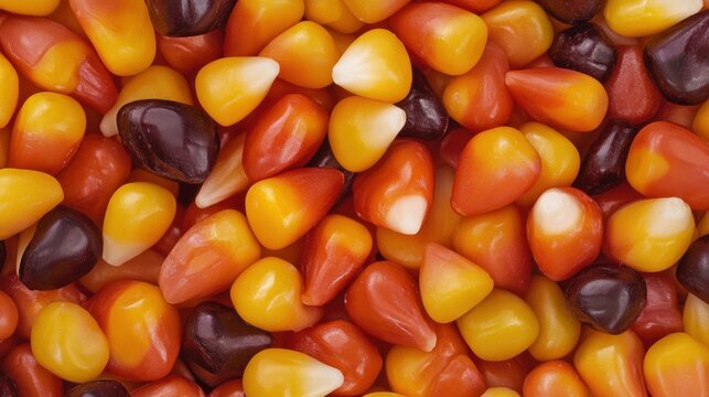A vibrant close-up of assorted candy corn pieces in various colors including yellow, orange, white, and black, showcasing their glossy, waxy texture and distinct triangular shape, creating a visually 