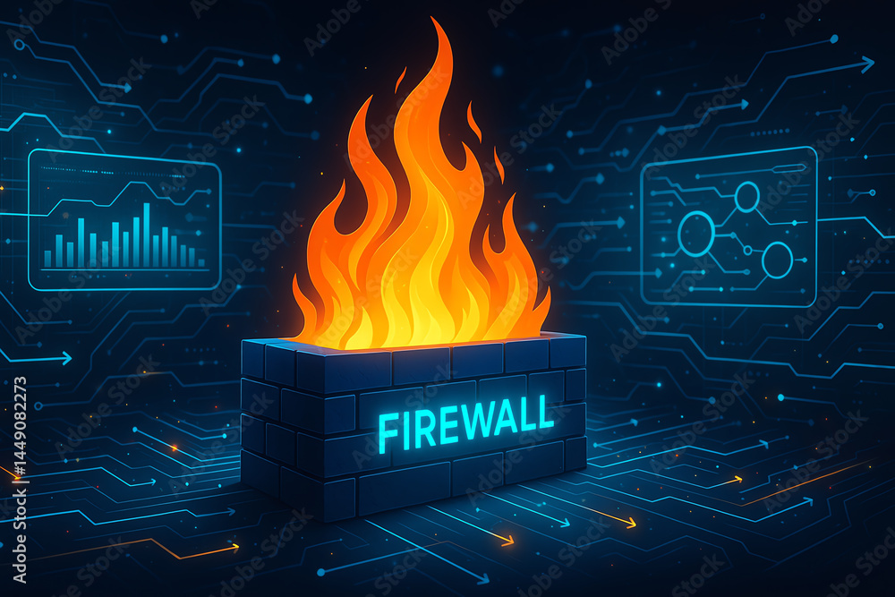 Poster a digital representation of a firewall protecting data, with vibrant flames symbolizing security and