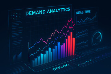 An abstract representation of demand analytics showing colorful graphs and real-time data trends. Ideal for illustrating data-driven decision-making and business intelligence.