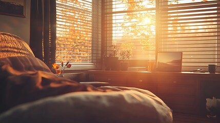Warm sunlight streaming through window blinds into cozy interior