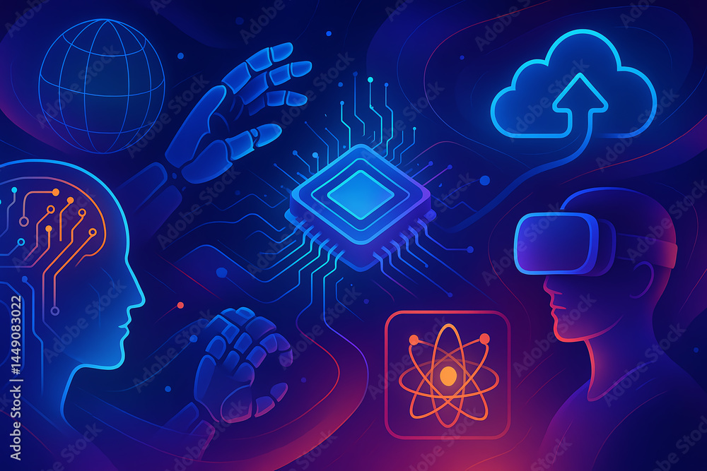 Poster this vibrant digital illustration showcases the intersection of artificial intelligence, virtual rea