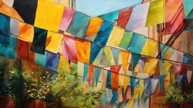 A vibrant display of colorful triangular flags strung across a narrow street, enhancing the lively atmosphere of an outdoor setting. The flags in various shades of blue, yellow, red, green, and pink c