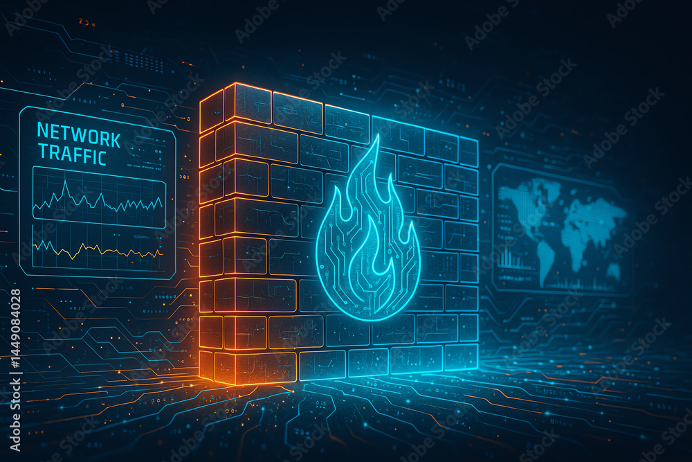 Poster a futuristic digital illustration depicting a firewall symbol surrounded by glowing network data and