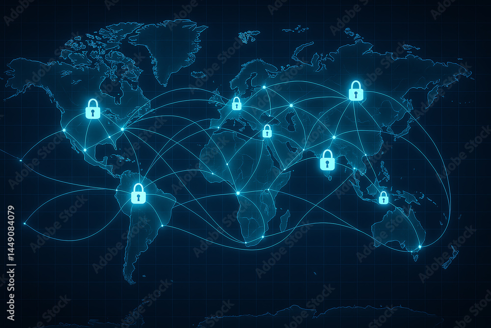 Poster a digital map showcasing global connectivity and cybersecurity, featuring locked connections that em