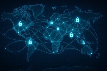A digital map showcasing global connectivity and cybersecurity, featuring locked connections that emphasize data protection in today's interconnected world.