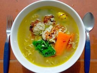 Top view of "bakso", Indonesian meatball soup made of beef.