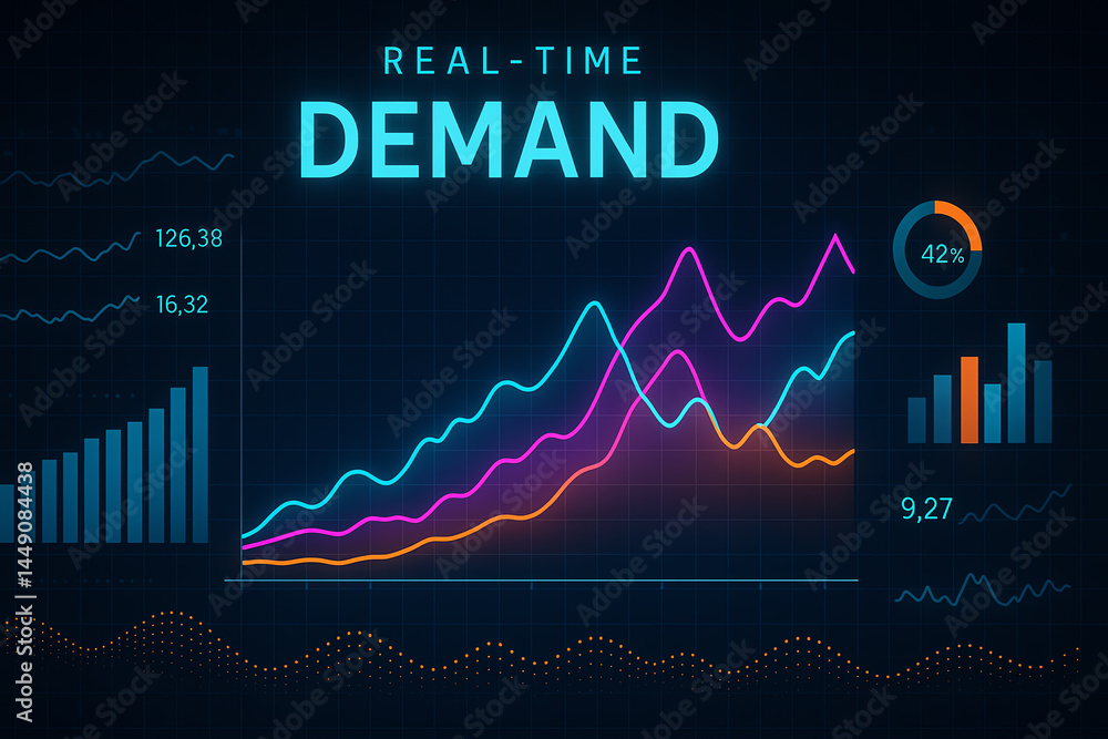 Poster a vibrant and analytical representation of real-time demand trends displayed through colorful graphs