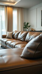 Fototapeta premium living room with a brown leather couch