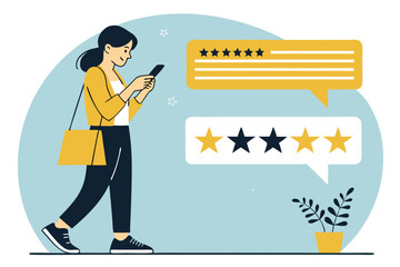 Create a vibrant vector illustration of a woman thoughtfully comparing two product samples, showcasing detailed product features and her focused expression.