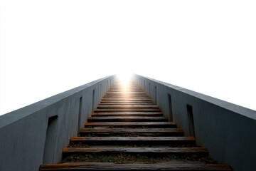 Fototapeta premium Stairway with wooden steps and concrete sides leading upwards into bright white light, symbolizing hope, journey, or transition to unknown destination