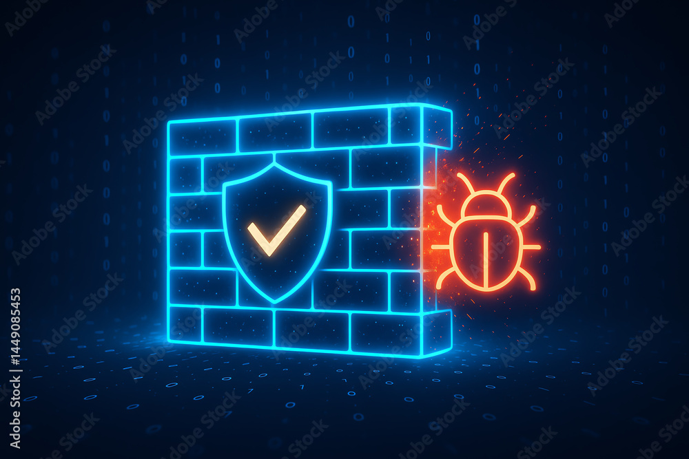 Poster a digital representation of a firewall with a shield symbol and a bug, illustrating cybersecurity co