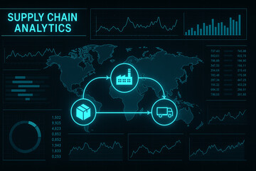 Dynamic visualization of supply chain analytics featuring interconnected elements such as factories, packages, and transport, showcasing data-driven insights for effective operatio