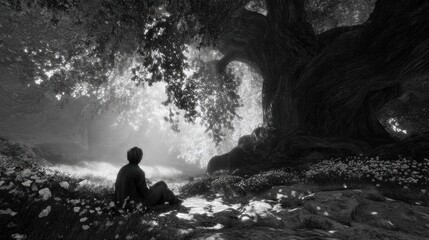 Fototapeta premium A serene black and white scene featuring a young child sitting peacefully on a grassy patch surrounded by flowers, beneath a large, ancient tree. Soft beams of light filter through the leaves, casting