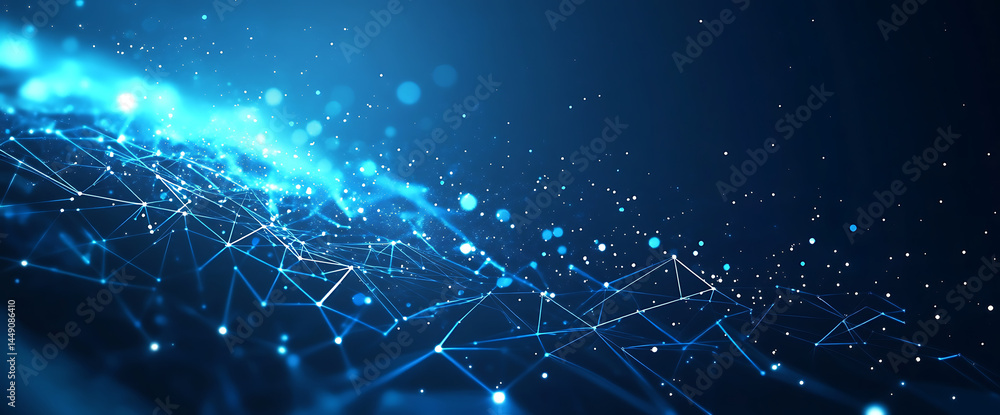Poster blue technology background with speed lines and triangular shapes on a dark blue background. vector 