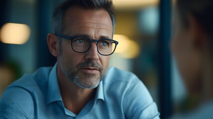 Face of a mature man with glasses, at a meeting.