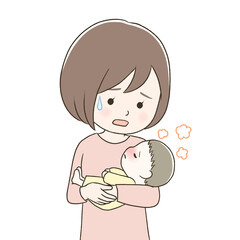 高熱でぐったりする赤ちゃんを抱っこして心配する母親