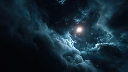 Immense dark void of space with single bright star shining through swirling cosmic clouds, creating mysterious and cinematic atmosphere in vast universe