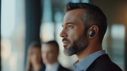 Face of a mature man dressed formally with headphones.