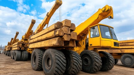 Obraz premium Heavy Yellow Machinery Lifting Logs on Construction Site Outdoors