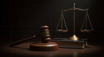 Gavel and Scales of Justice on Book in Dramatic Lighting