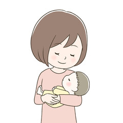 眠る赤ちゃんを抱っこするママ