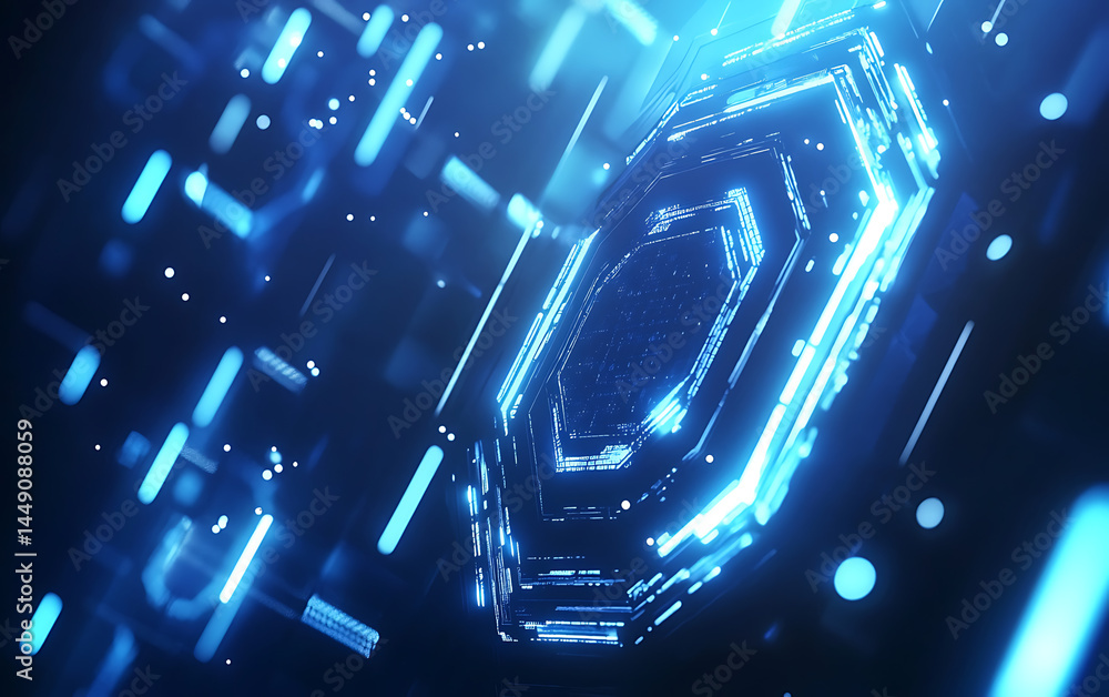 Aufkleber blue technology background with hexagons and lights, digital interface design vector presentation te