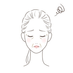 顔のシワに悩むまとめ髪の中年女性　線画