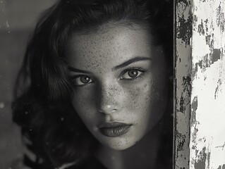 Woman Freckles Portrait Black White