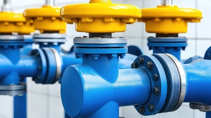Bright Blue Industrial Valve with Yellow Wheel in Factory Setting