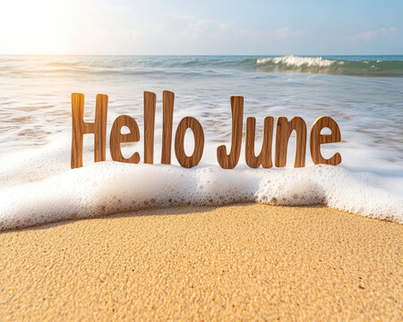 Summer greeting, Hello June on a sandy beach.  Ocean waves gently touch the words