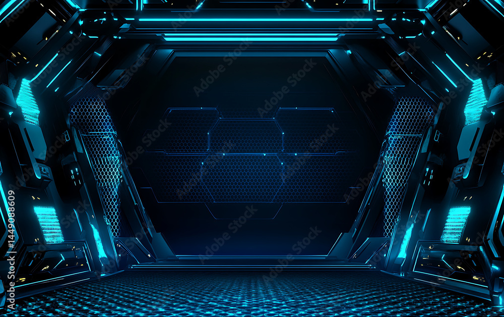 Poster blue technology background with hexagons and glowing elements for digital or business presentation v