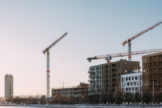 Construction Cranes Above Modern Buildings
